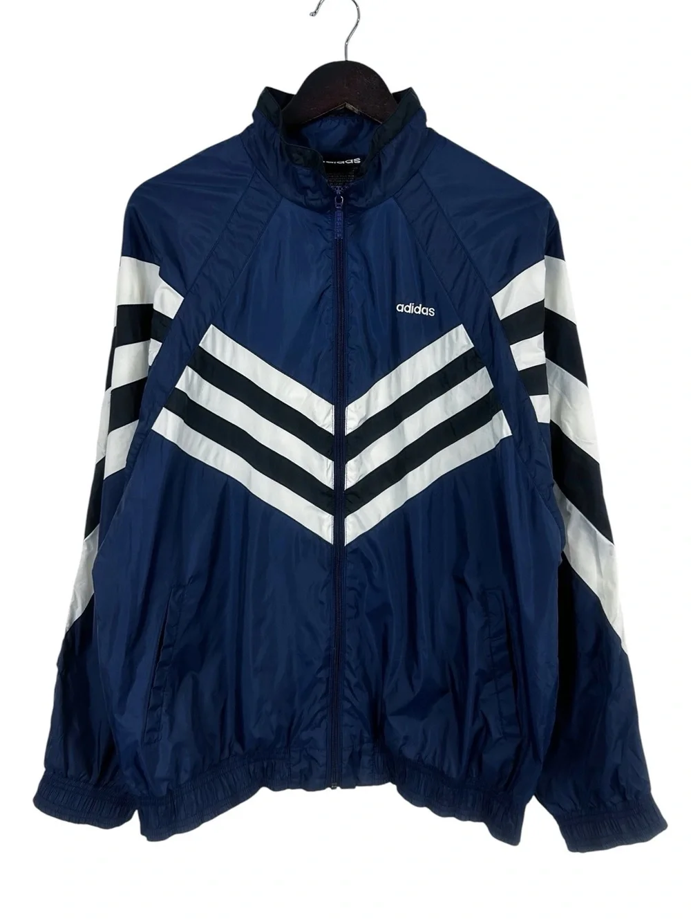adidas 90's VTG Navy Blue Windbreaker with White Chevron Stripes Size Medium
